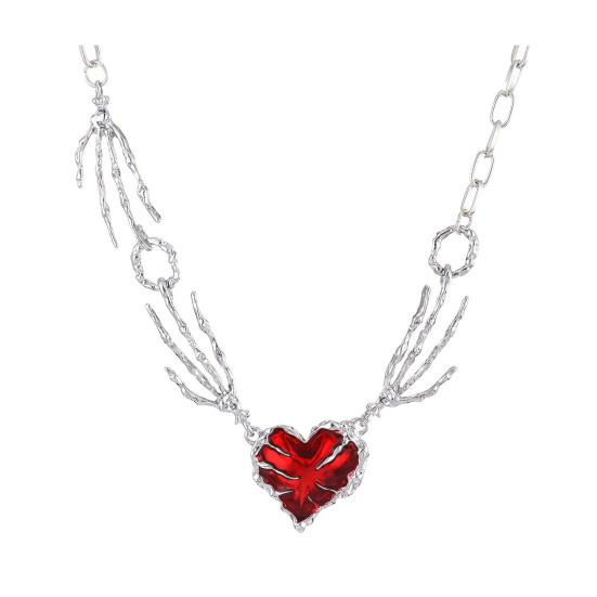 Women Necklace Red Rhinestone Heart Pendant Skeleton Hand Shape Punk Dark Style Individual Hollow Out Neck Jewelry for Club Party