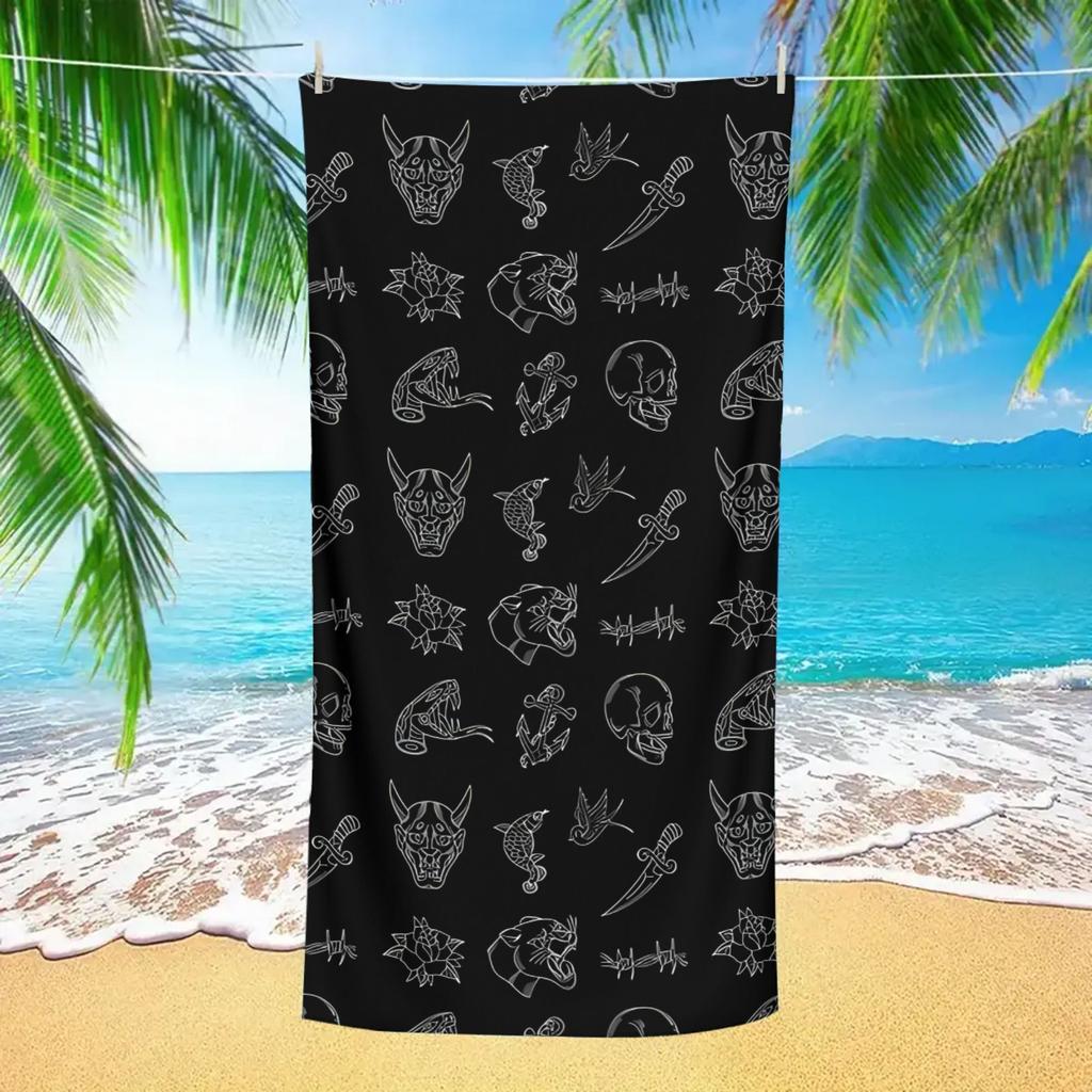 Traditional Tattoo Print Beach Towel, Microfiber Quick Dry Absorbent Soft Lightweight Blanket for Outdoor Travel Summer