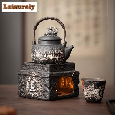 Handgefertigter Wabi Sabi Schwarzer Keramik Buddha Teewärmer Halter Kerzenheizung Ofen Wasserkocher Ständer Gebackene Milchkanne Kohleofen Teegeschirr