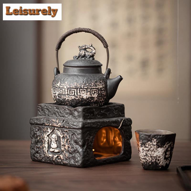 Handmade Wabi Sabi Black Pottery Buddha Tea Warmer Holder Candle Heater Stove Kettle Stand Baked Milk Jar Carbon Furnace Tea Set