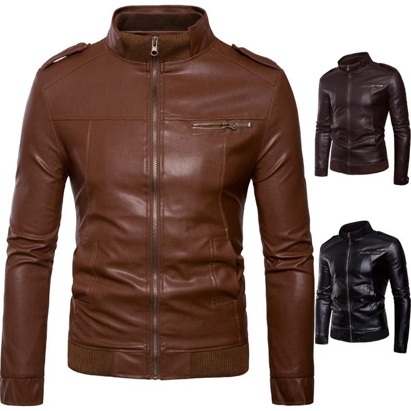 Mens PU Leather Biker Jacket 2019 Slim Fit Stand Collar Casual Outerwear Young Adults