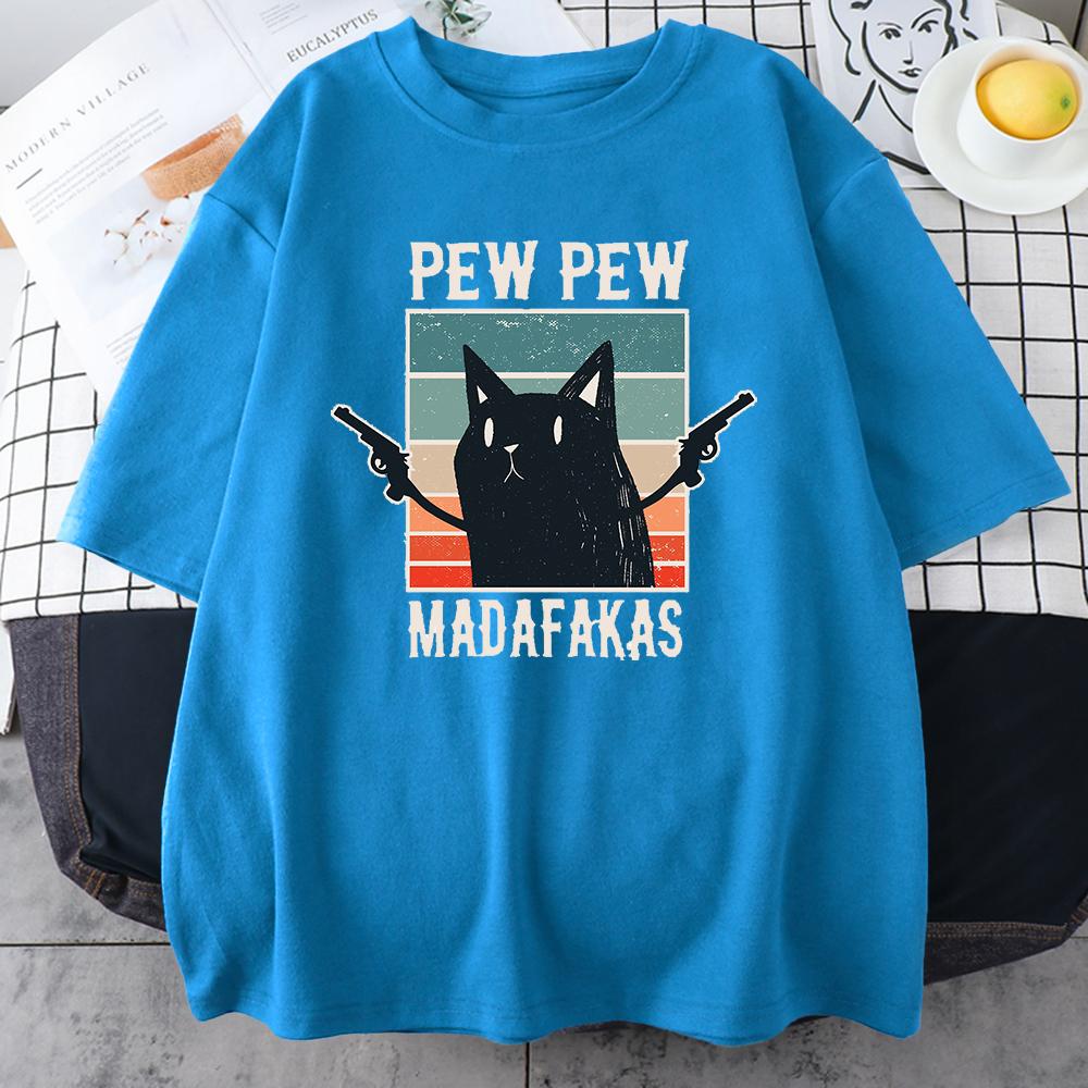 Pew Madafakas Black Cat Print Male Cotton T-Shirts Vintage Creativity Short Sleeve Casual Oversize O-Neck Tops Mens Tee Clothing