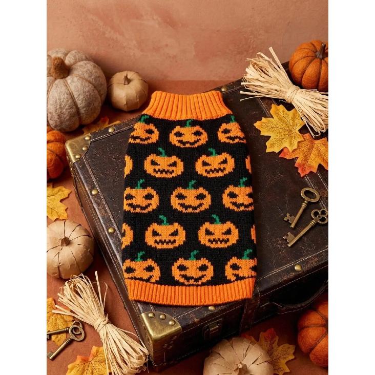 1pc Pumpkin Face Printed Pet Sweater Small And Medium Sized Dog Halloween Ghost Festival Color Blocked Warm Knitted Sweater Pet Clothing