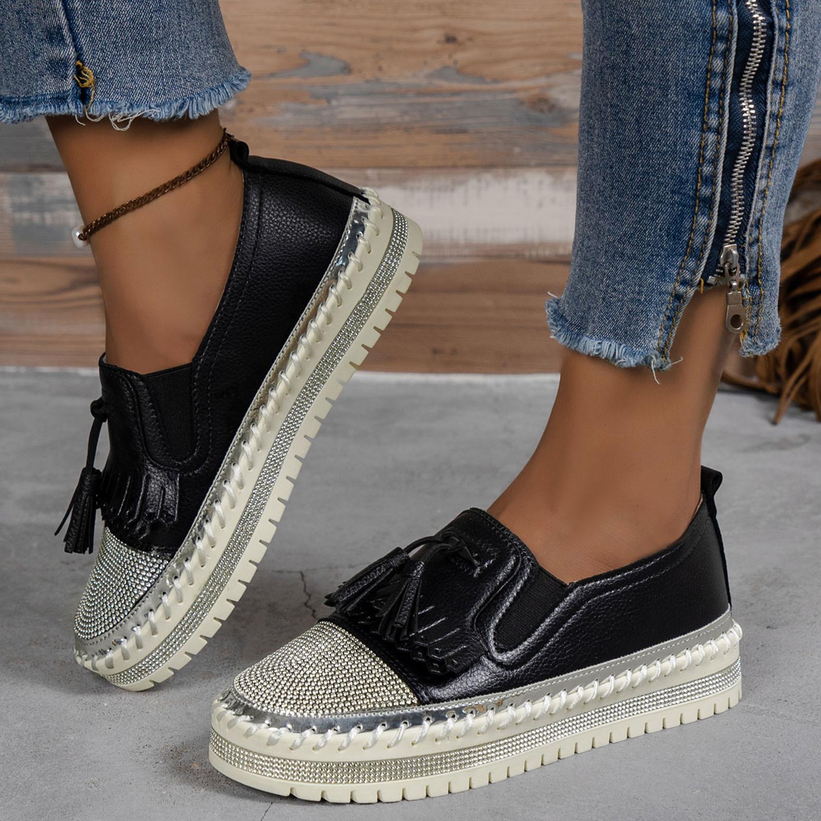 

Женские кожаные мокасины со стразами и кисточками, повседневные туфли на толстой подошве, женские туфли без застежек, большого размера, высокого качества, обувь Zapatillas 38 чёрный