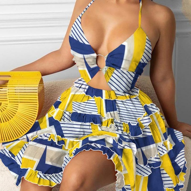 Women Sexy Hollow Out Halter V Neck Printed Tiered Mini Cake Dress