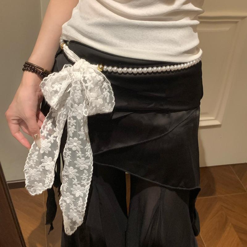 Elegantní dlouhý mašlový krajkový pásek řetízek dámský perlový střapec ozdoba pasu vázací řetízek k šatům džínový pásek