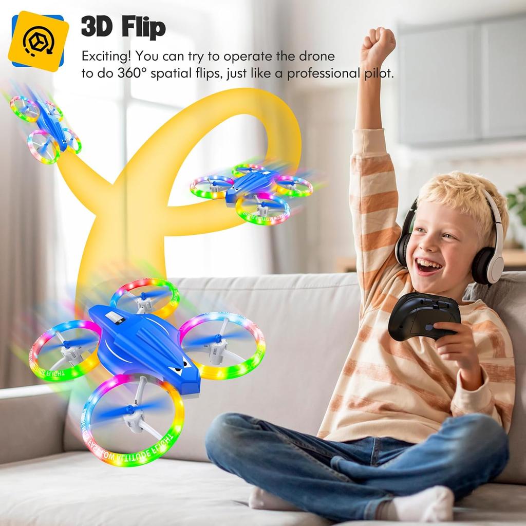 Drones for Kids With Cool Light, Kids Drone with 3D Flip, Altitude-Hold, Self-Rotation, Headless Mode, 3 Speed Modes, One-Click Take-off/Landing,