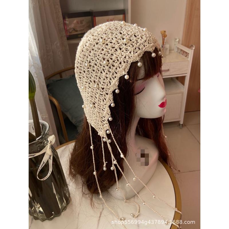 Spring and summer handmade hat women's pearl fringed hook knitted hat retro hollow headgear versatile headscarf hat