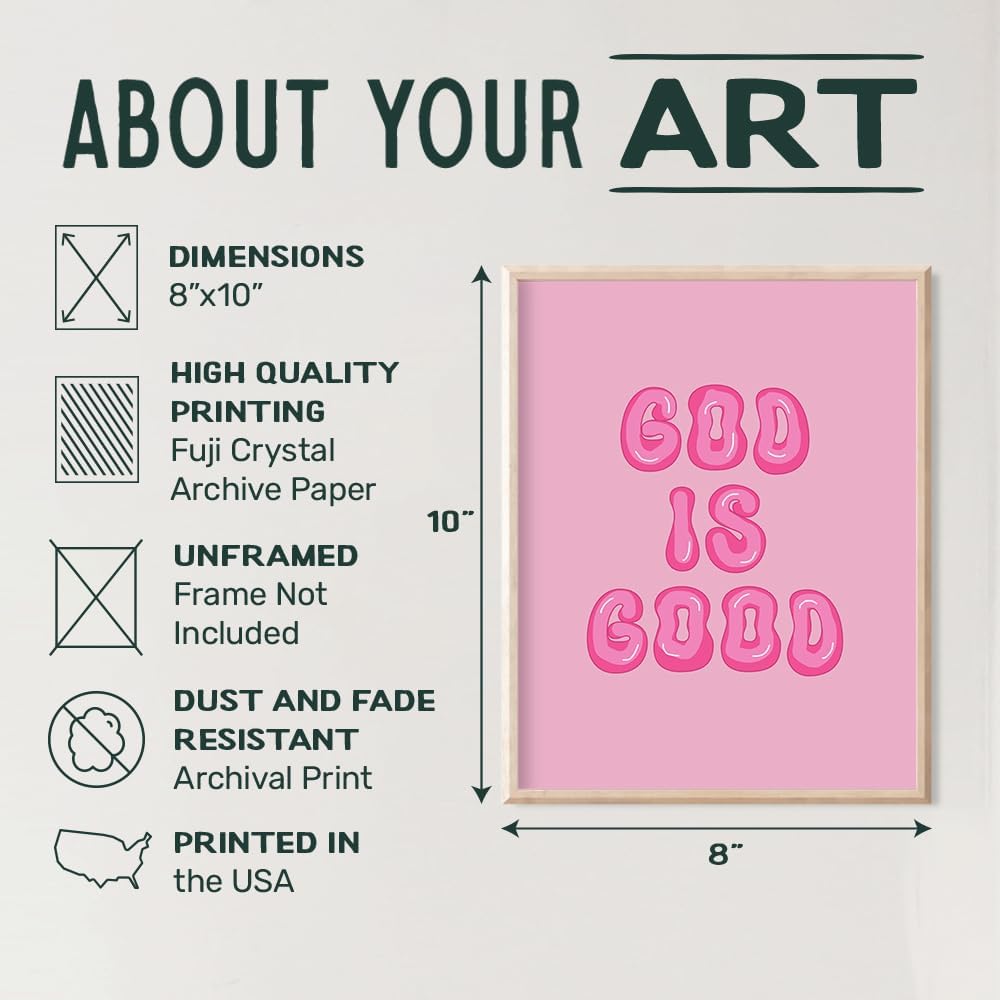 Pink Preppy Christian Wall Decor - God is Good Aesthetic Wall Decor for Women, Woman, Teen Girls - Vintage Retro Religious Gifts - Funky Chic Home