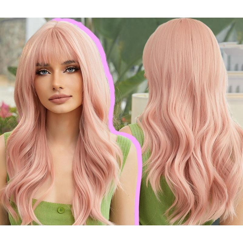 

Длинный вьющийся синтетический парик с челкой, грейпфрутовый розовый парик из волос для женщин, повседневная вечеринка, косплей, термостойкий