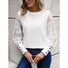 2024 Autumn Top European and American Solid Color Long Sleeve Embroidered Lace Splicing Waffle Round Neck Top Fashionabl Versatile