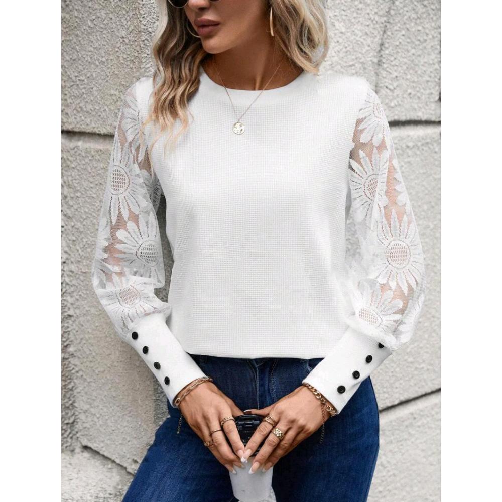 2024 Autumn Top European and American Solid Color Long Sleeve Embroidered Lace Splicing Waffle Round Neck Top Fashionabl Versatile