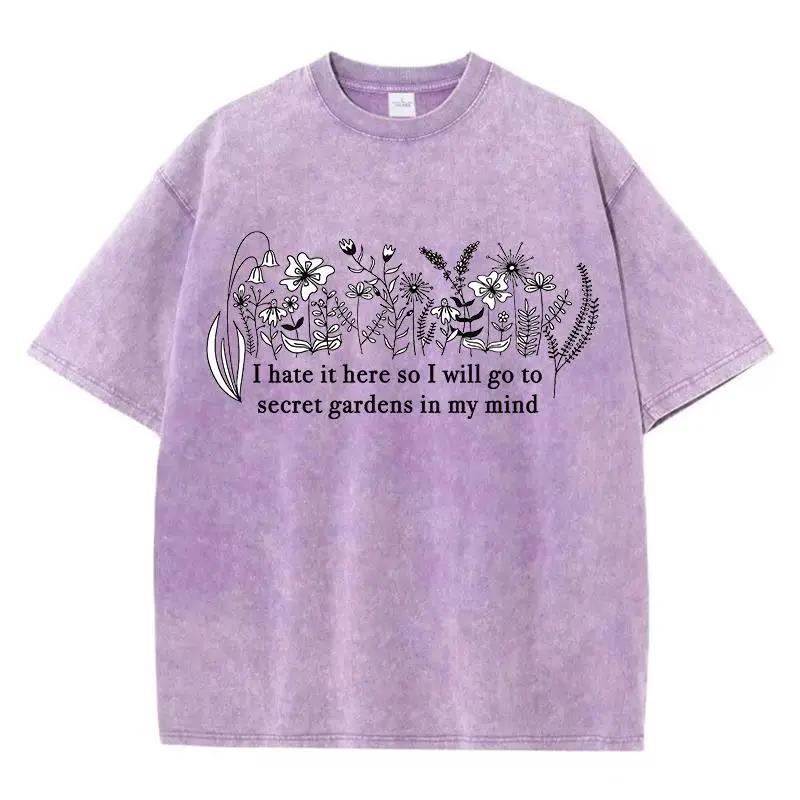 Cotton Washed T-Shirts Taylor Go To Secret Gardens In My Mind Printed Tops Loose Distressed O-Neck Street Female Clothes S разноцветный