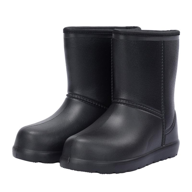 Aote Step-On Rain EVA Mid-Calf Boots 902, Black Cotton-Lined Non-Slip Rubber Shoes for Winter, Car Washing, Fishing, and Labor Protection.