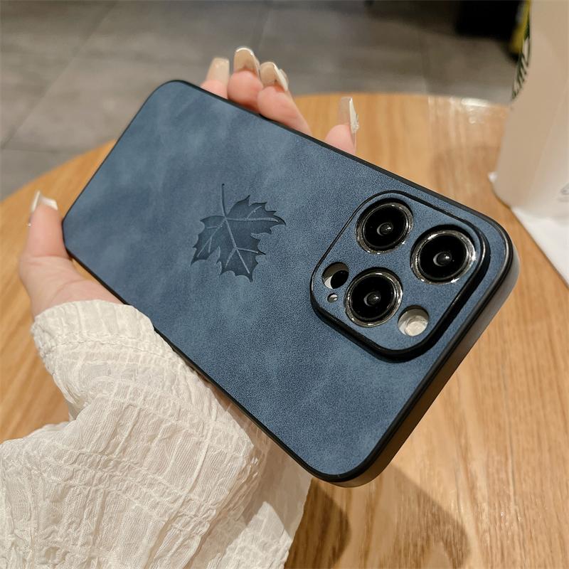 Luxury Matte Soft Suede Leather Maple Leaf Pattern Case For iPhone 15 14 Plus 13 11 12 Pro X XS Max XR Shockproof Silicone Cover
