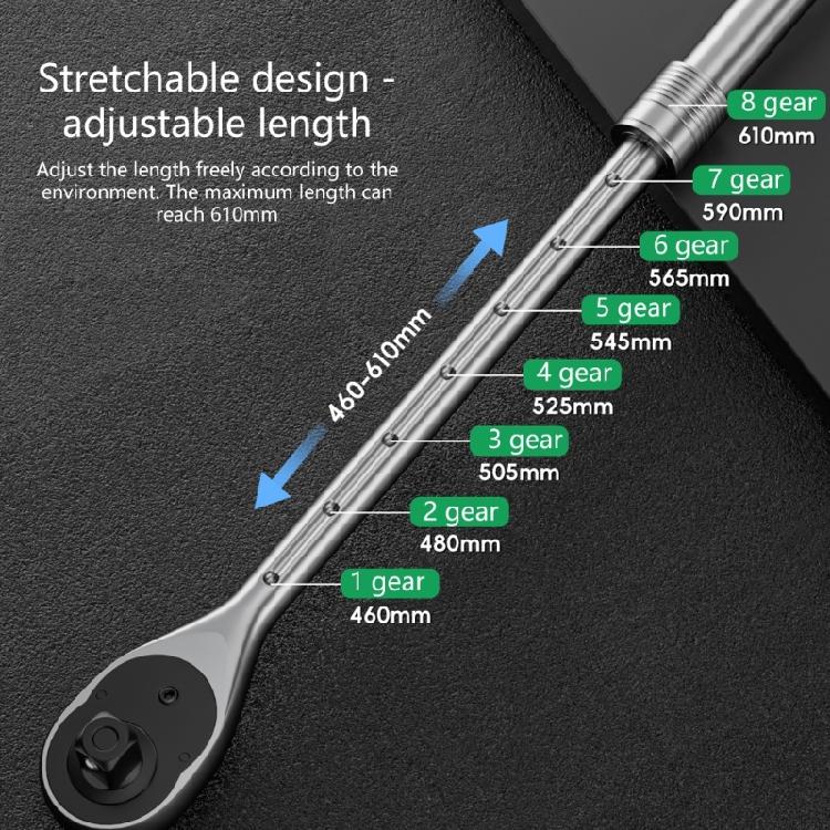 Industrial Ratcheting Wrench 72 Teeth High Torques Performances 460-610mm Adjustable Handle Length Ergonomic Rubber Grip For Confined Space