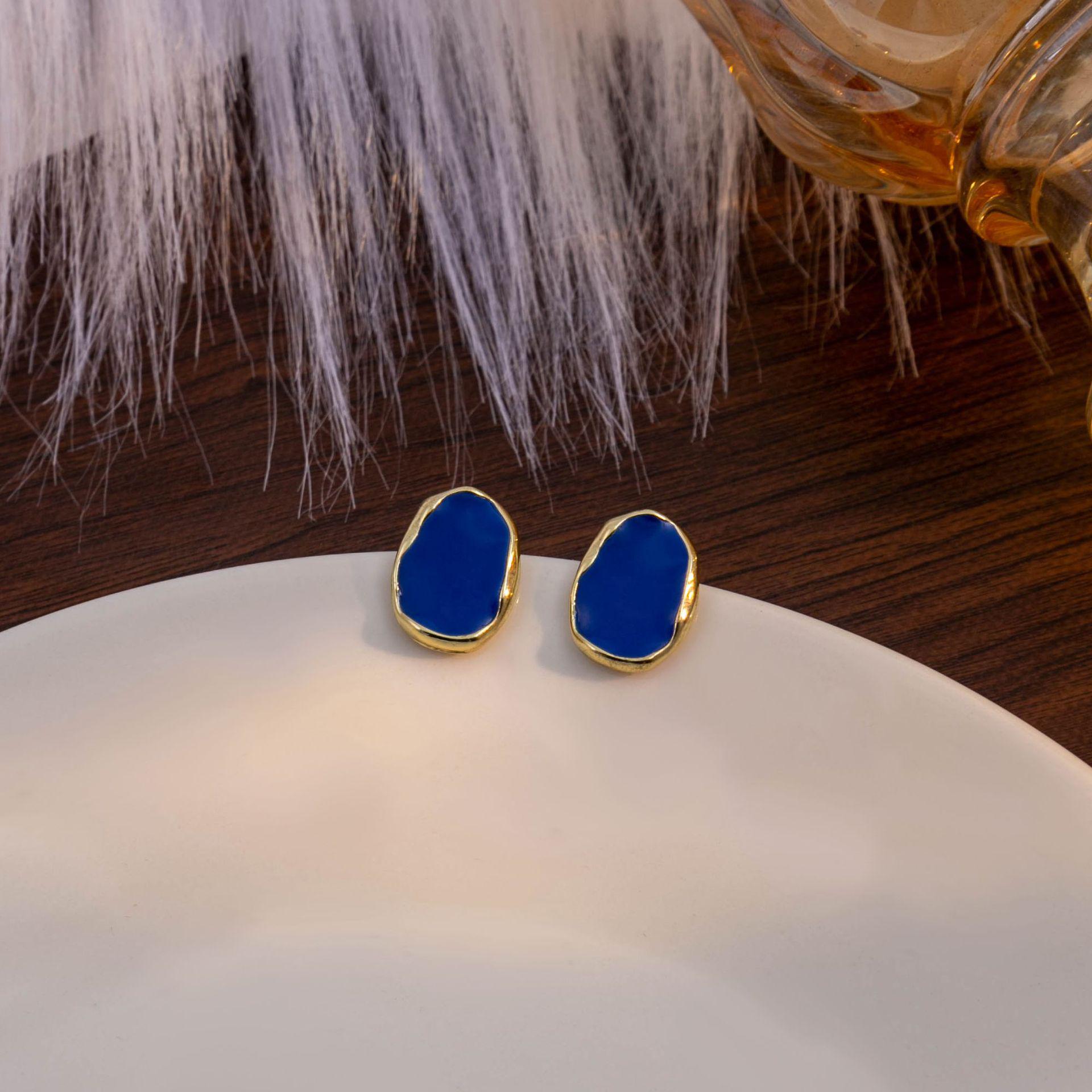 

French Retro Deep Blue Geometric Drip Oil Earrings - Minimalist High-End Jewelry