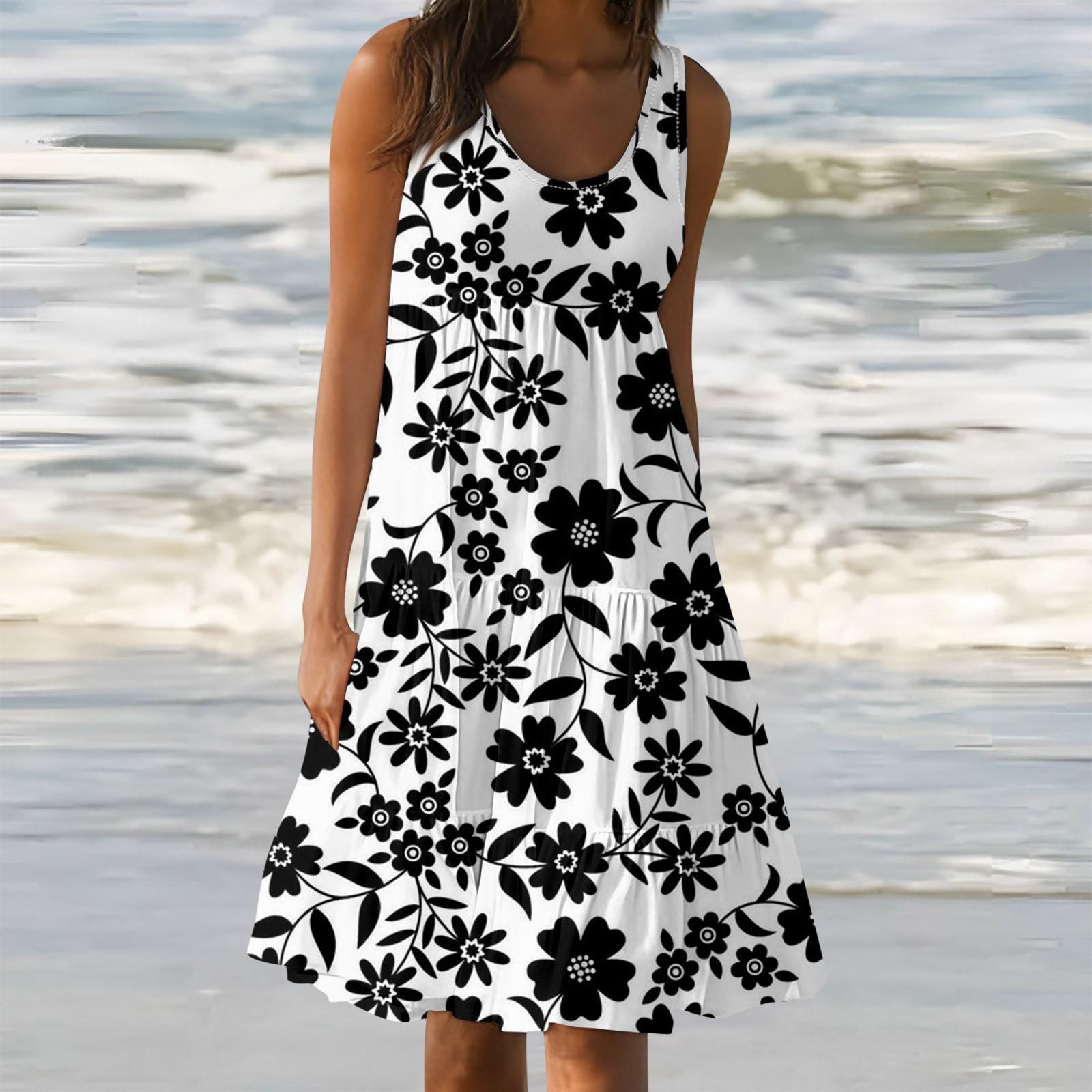 

Жіночі літні весняні плісировані богемні сукні Милі пляжні прямі футболки без рукавів Сукні-майки з круглим вирізом XL білий