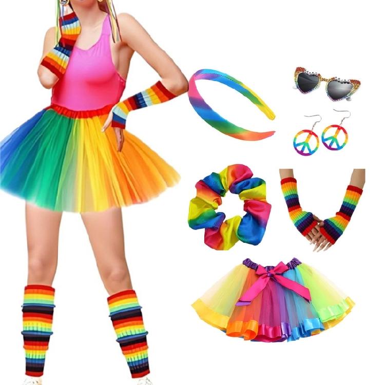 Rainbow Tutus Skirt Flower Headband Rainbow Rave Outfit Rainbow Costume Accessories Halloween Dressing Up Cosplay Costume