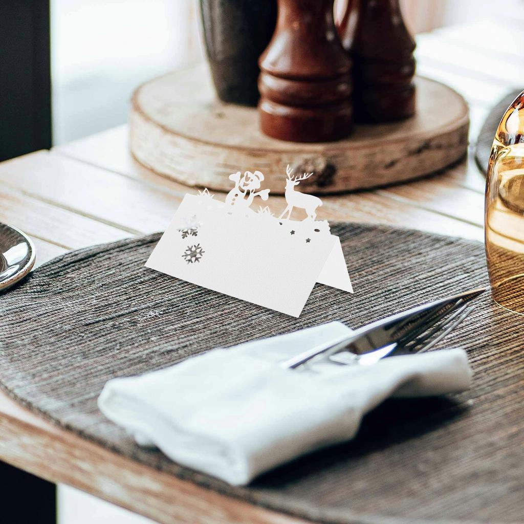 50Pcs Tent Cards Festive Reindeer Snowman Theme Printable Surface Table Name Tags for Xmas Party Wedding Reception Seating