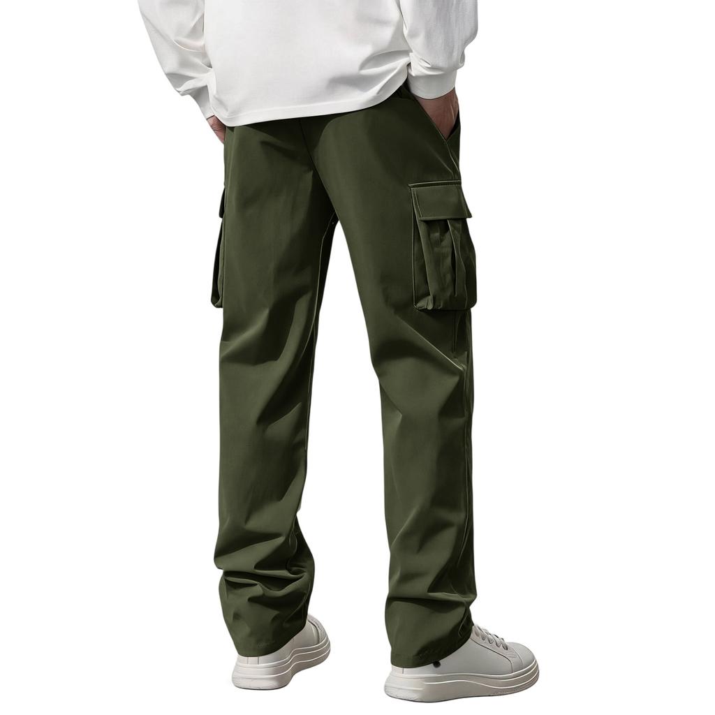 Men Casual Slim Fit Straight Leg Outdoor Multi Pocket Cargo Pants Lightweight Breathable Drawstring Waist Long Trousers