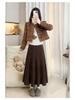 Women's Black Gold Velvet A-line Pleated Midi Skirt, High Waist, Spring/Autumn 2026