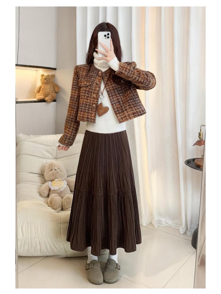 Women's Black Gold Velvet A-line Pleated Midi Skirt, High Waist, Spring/Autumn 2026
