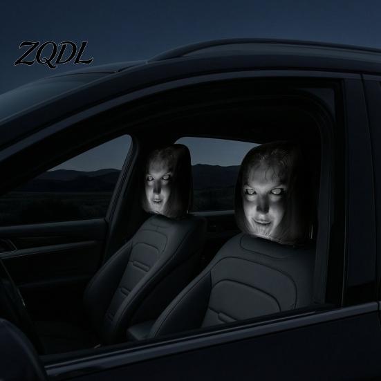 Eerie Car Interior Styling Realistic Horror Headrest Covers, Double Sided Scary Passenger Decorative Sleeves Illusion Seat Protector, Universal