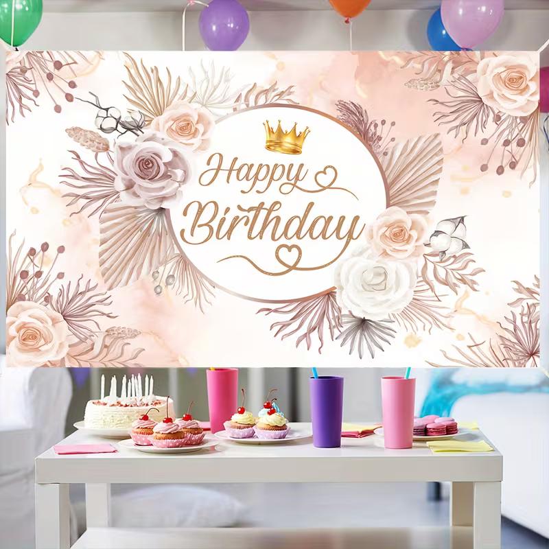 2D Watercolor Floral Happy Birthday Party Background Banner