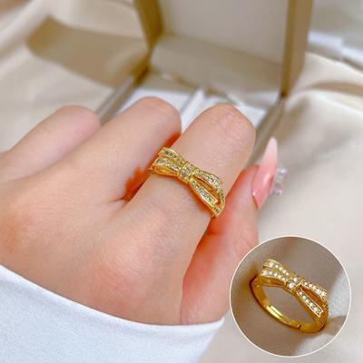 Echtvergoldeter offener Ring, Damenmode Schleife, Leichter Luxusring, Zeigefingerring, Der gleiche kalte Stil