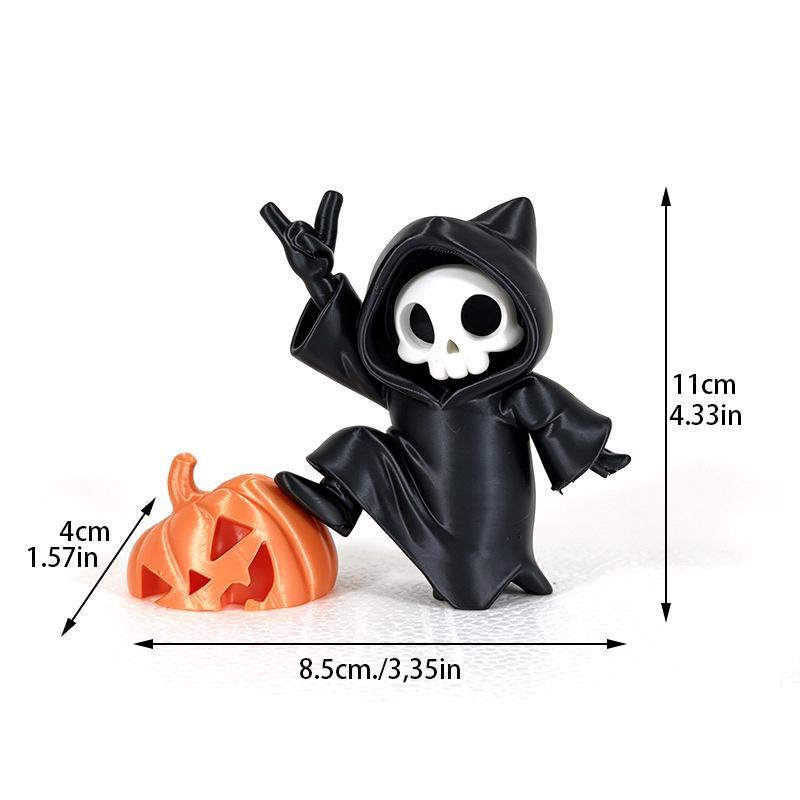 1Pcs Halloween Skeleton Ghost Figurine With Pumpkin Decor Cute Hooded Skull Statue For Home Desktop Party Ornament Gift