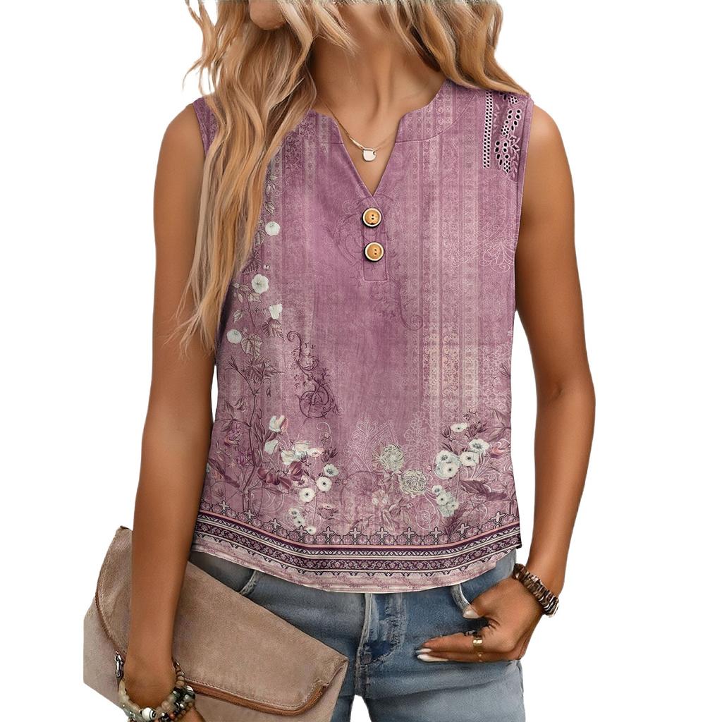 Women's Casual, Loose-Fitting, Printed, Sleeveless Linen Blouse