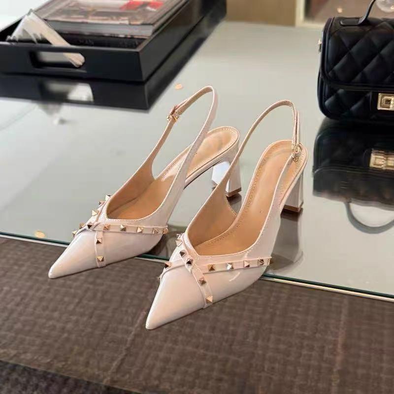 2025 new design pointed tip beautiful soft leather temperament white high heels thick heel nude rivet shoes