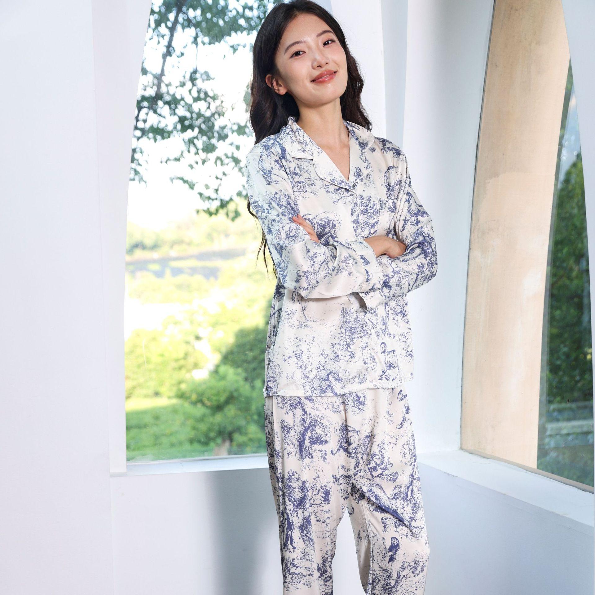 

Женский весенне-осенний комплект пижамы с цветочным принтом: рубашка с длинным рукавом и отложным воротником + длинные брюки, комплект из двух предметов XXS синий