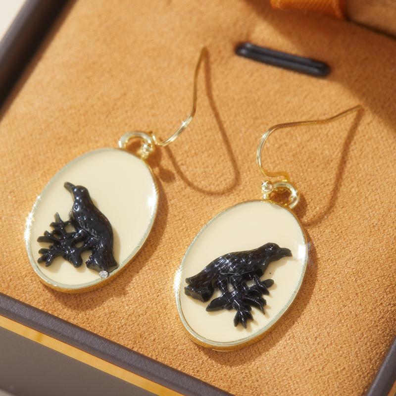 

2 Pieces/set of Retro Black Color Bird Oval Pendant Necklace Earrings, Women s Personalized Y2k Holiday Accessories