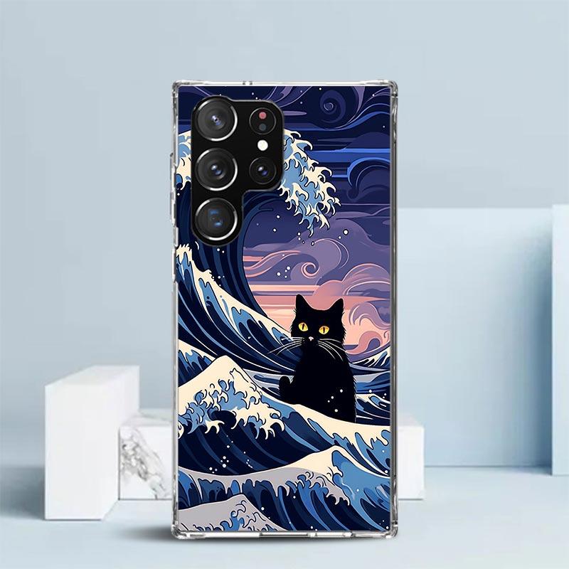 Anime Cat Sea Wave Aesthetic Phone Case For Samsung Galaxy S24 S25 Edge S26 Ultra S22 S23 Plus S21 + S20 FE Soft TPU Back Cover