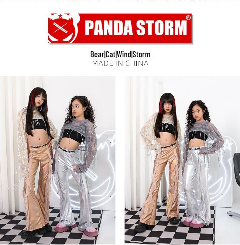 Girls' Sequin Tassel Jazz Dance Outfit - Mesh Long Sleeve & Pants Set for Street & Performance