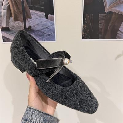 French Thick Heel Gray Single Shoes with Skirt Evening Shoes Women's Shoes 2025 Autumn and Winter Velvet Mary Jane Fluffy Shoes