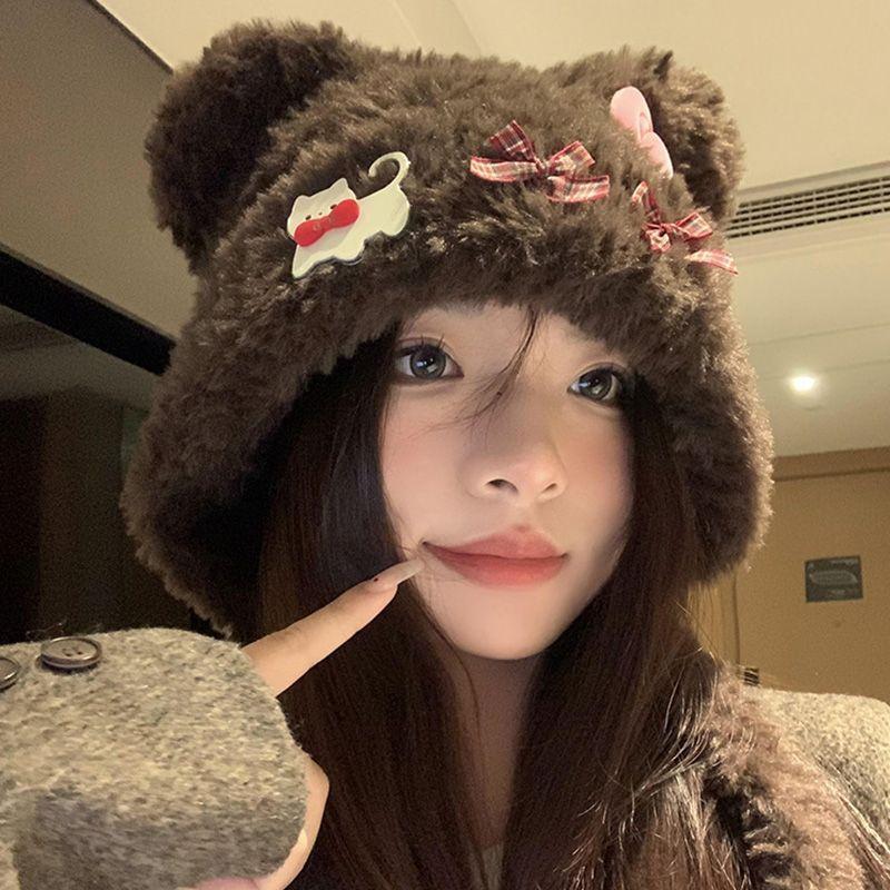 Cute Little Bear Ears Cat Bow Plush Hat for Women In Autumn and Winter Warm Ear Protection Lei Feng Hat Showing Face