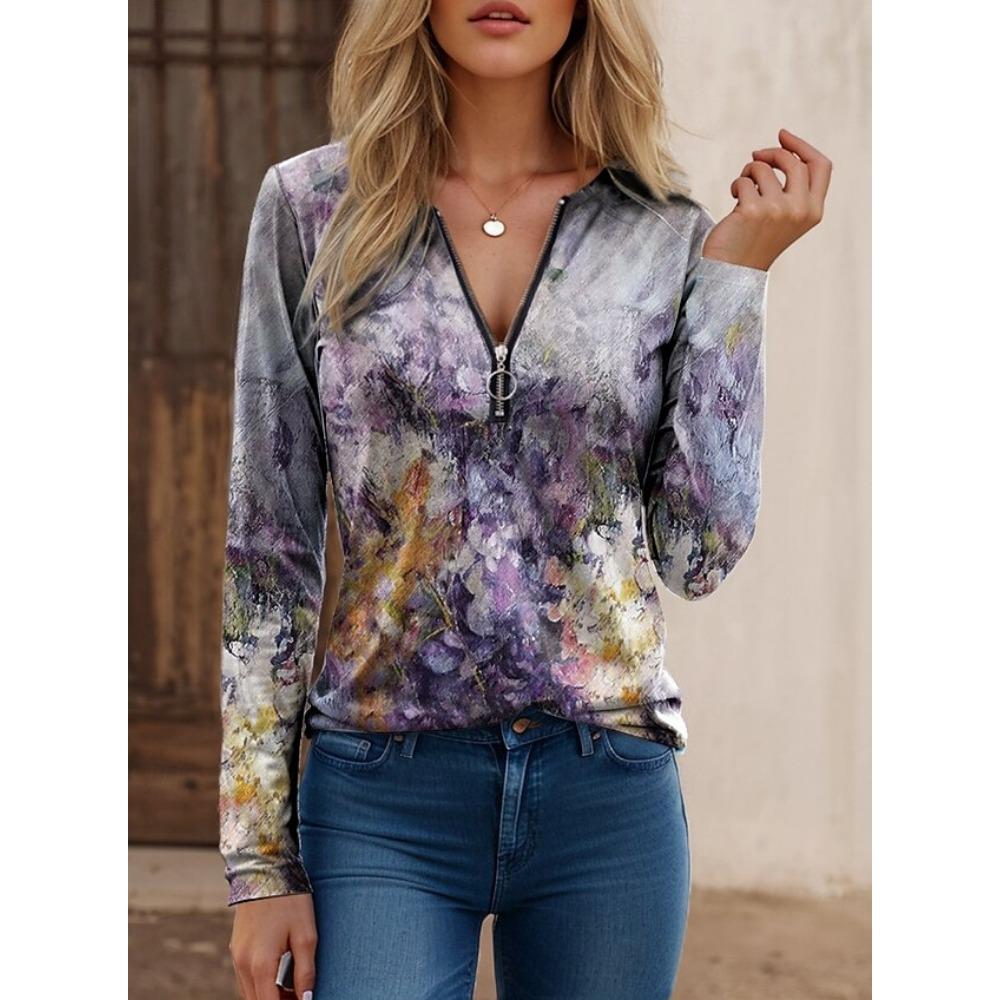 JPNTKY Women's Fashion Casual Autumn Winter Floral Print Long Sleeve Zip Collar Blouses & Shirts