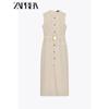 Zaprha 2025 New Arrival Linen Blend Buckle Decoration Midi Skirt Sleeveless Dress Waist Slim Looking 3721939