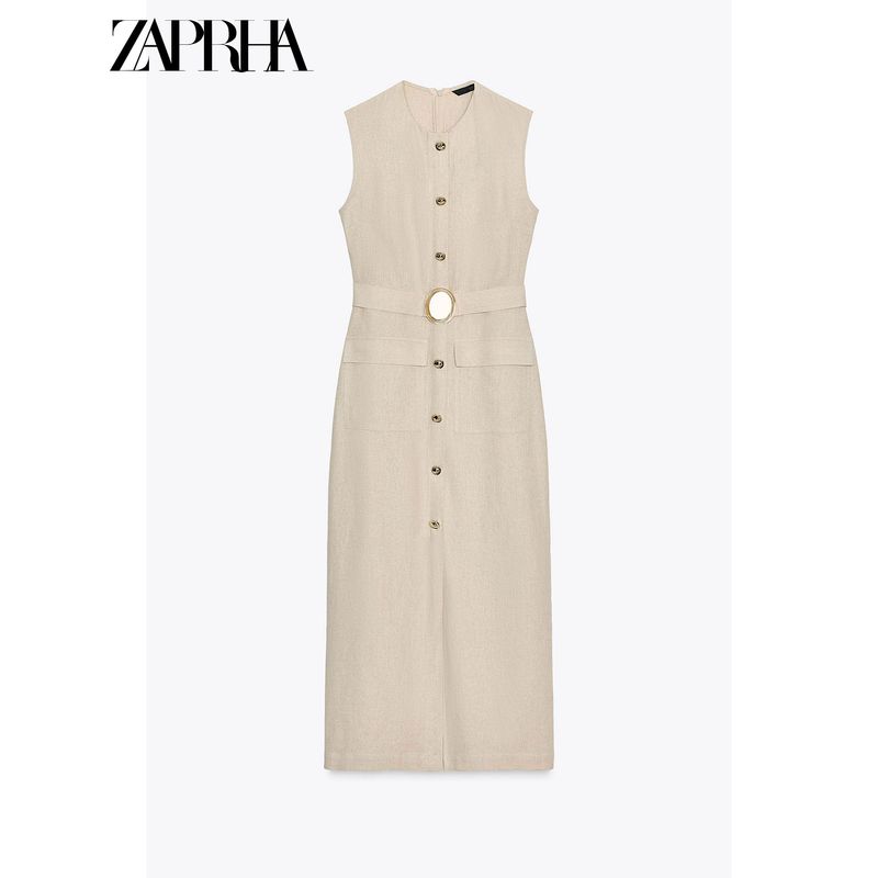 Zaprha 2025 New Arrival Linen Blend Buckle Decoration Midi Skirt Sleeveless Dress Waist Slim Looking 3721939