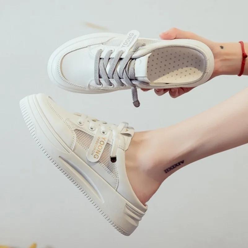 Moda 2025 Marca Zapatos de Dama Punta Cerrada Zapatillas de Mujer Moda Cordones Casual Verano Transpirable Exterior Cómodo Zapatos Casuales