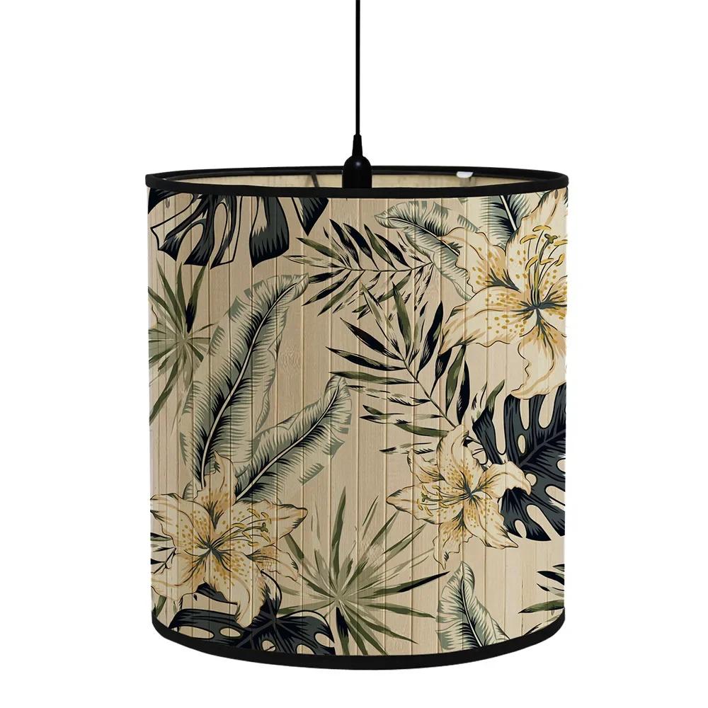 Tropische Pflanzen Druck Lampenschirm Europäischer Stil Bambus Hängeleuchter Lampenschirm Faltbar E27 Heimdekoration Lichtabdeckung
