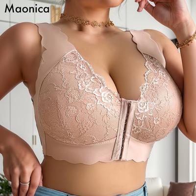 Europeisk Storlek Spetsunderkläder med Frontknäppning Fasta Kupor Väst med Frontknäppning Dam Plusstorlek Push Up BH XL-4XL