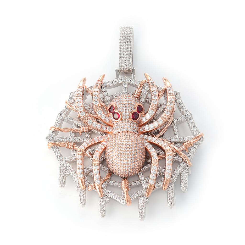 High Quality Trendy Spider Pendant With Web Two Tone Plated Brass Iced Out 5A Zircon Necklace With Tennis Chain
