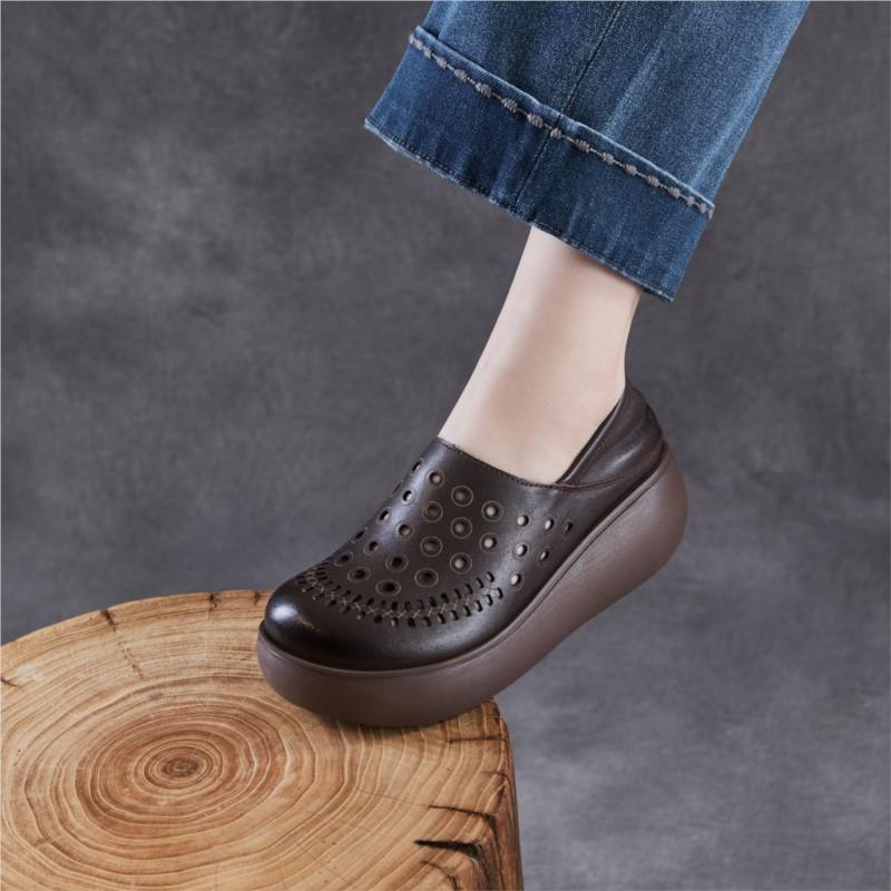 Johnature Echtes Leder Ausgeschnittene Keilsandalen mit dicker Sohle Bequeme und atmungsaktive Damen-Schlupfschuhe