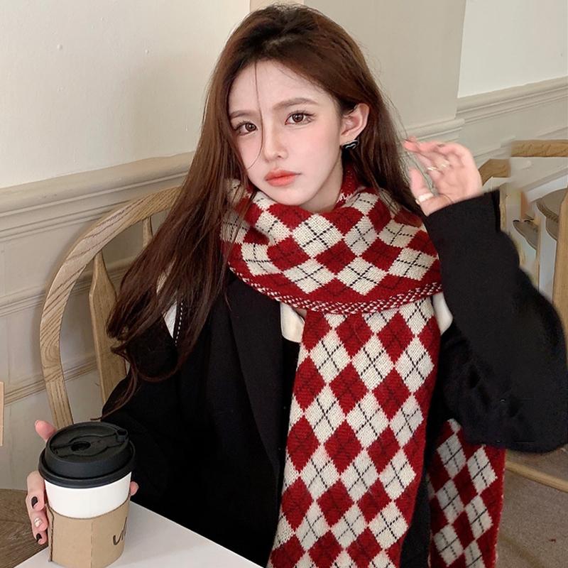 Red Scarf Women'S Winter Plaid Christmas Birthday Gift Year Gift Knitted Wool