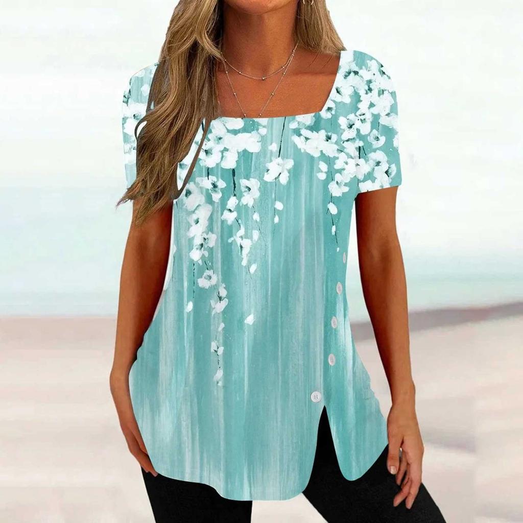 Women's Printing Square Neck Button Short Sleeve Bottom T-shirt Top