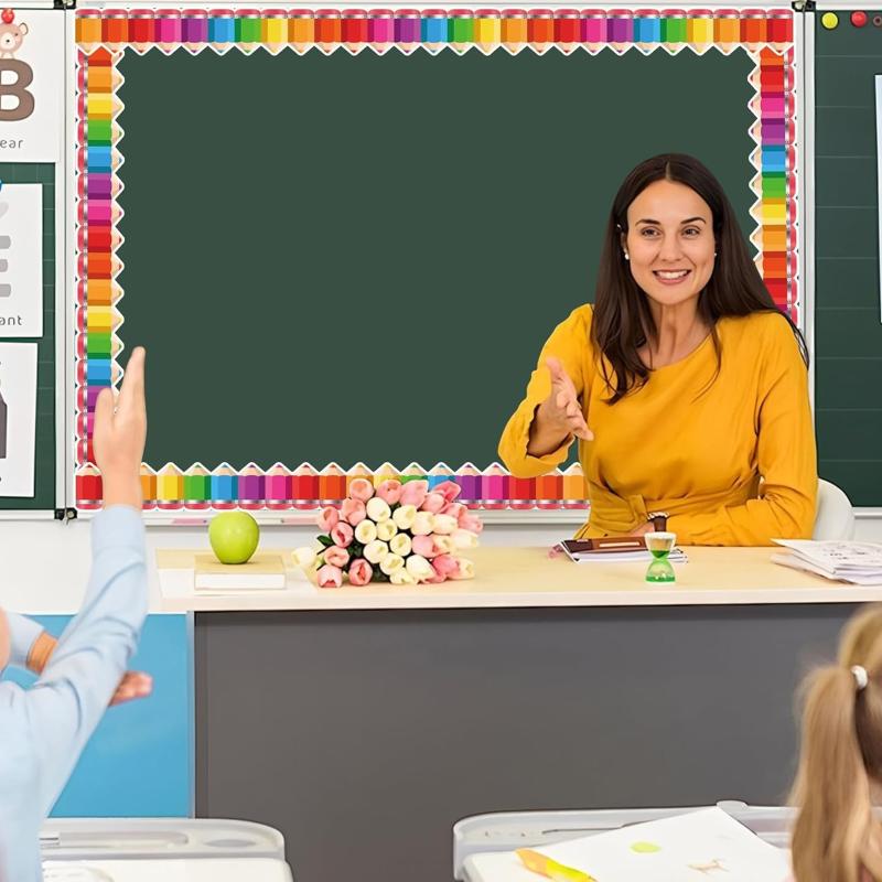 1Roll Self Adhesive Rainbow Pencil Edge Stickers Chalkboard Bulletin Board Border Paper 3Inch Border Classroom Decors